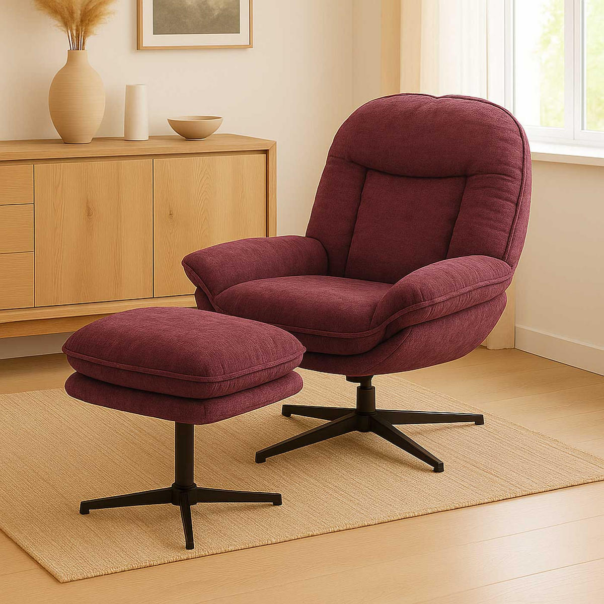 RELAXSESSEL MIT HOCKER Rot - Rot, Textil (80/96/90cm) - MCW