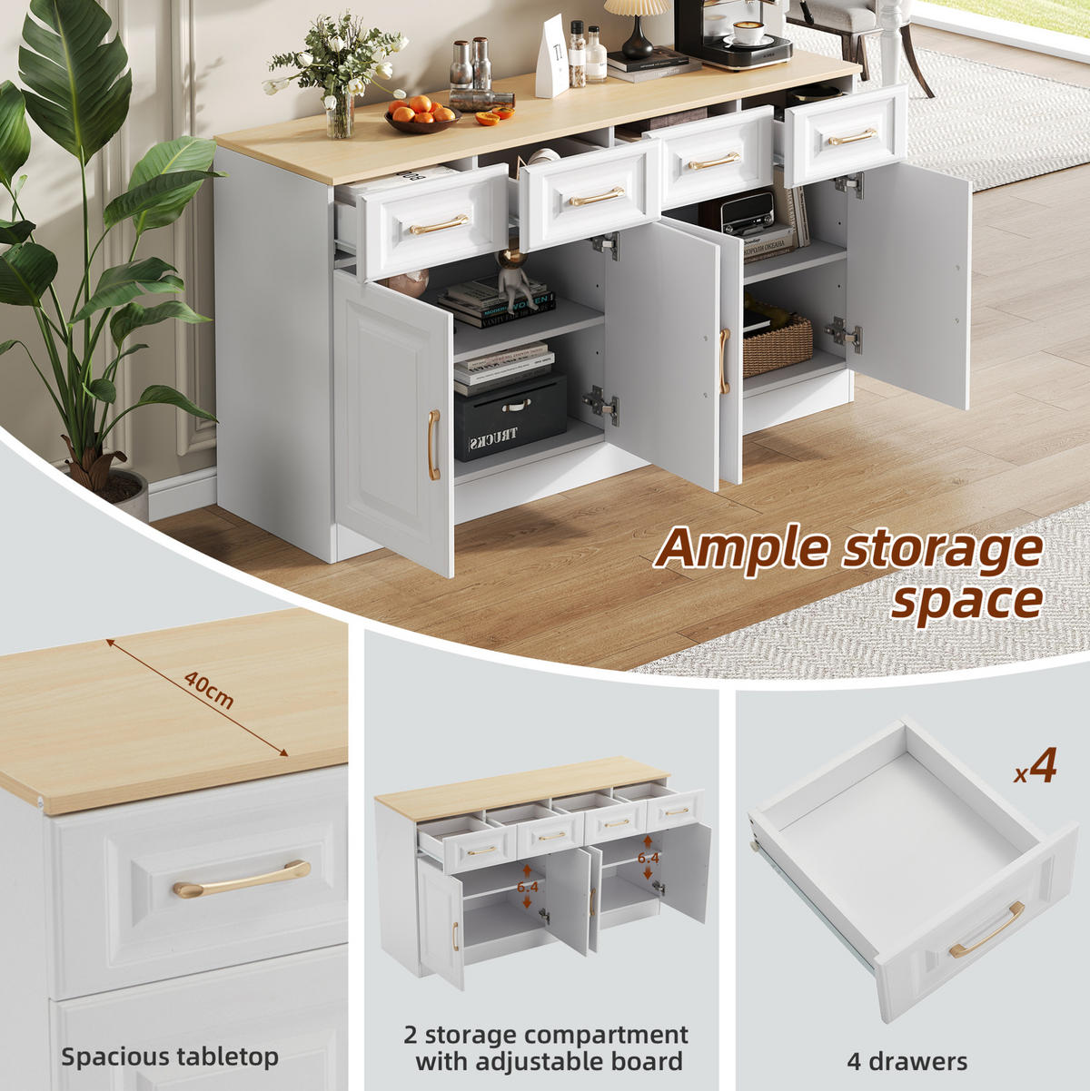 SIDEBOARD 140/40/75 cm Weiß/Eiche aus Spanplatte mit 4 Schubladen und 4 Türen - Weiß, Holzwerkstoff (40/75/140cm) - OKMYHOME