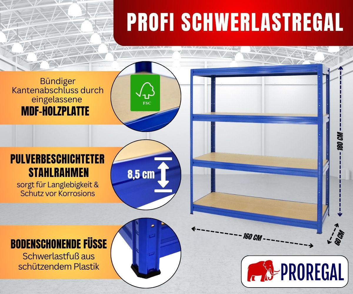 SCHWERLASTREGAL Dino 180x160x60 cm Fachlast 600 kg Blau - Blau, Metall (160/180/60cm) - PROREGAL