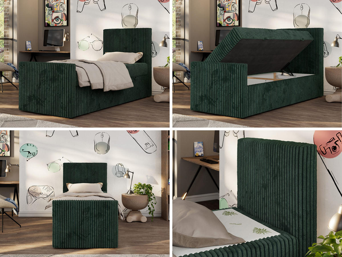 MLÁDEŽNÍ POSTEL TILIO DUO 90/200 - Tmavě zelená Manšestr - H3 - Pravá - tmavě zelená, textil (90/200cm) - MKS