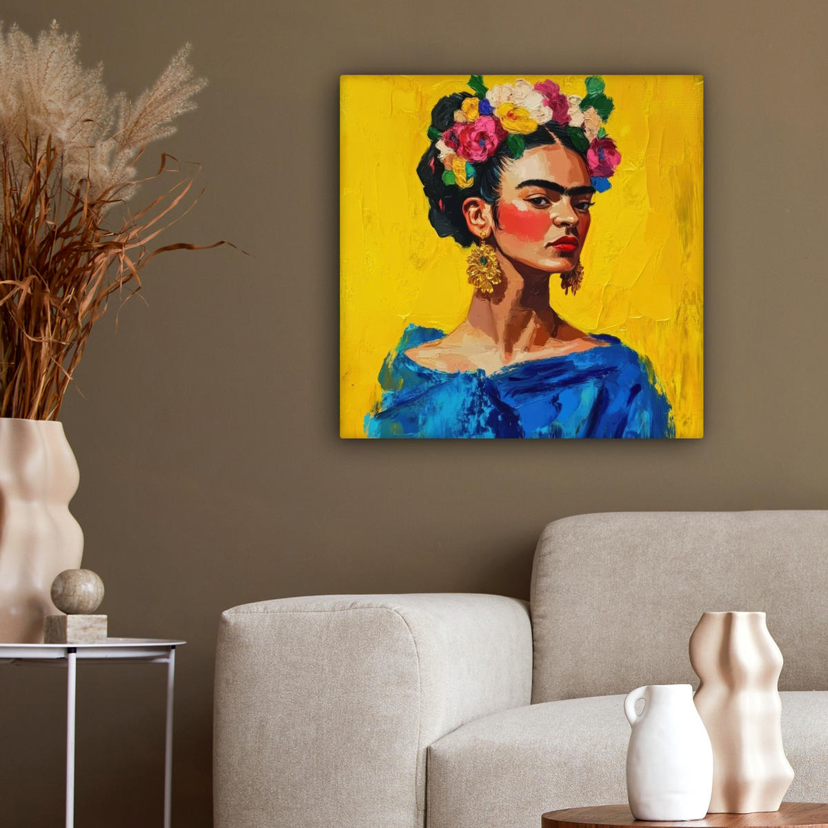 LEINWANDBILD Frida Kahlo - Frau - Gelb - Blau - Blumen 50x50 cm - Gelb, Textil (50/50cm) - MuchoWow