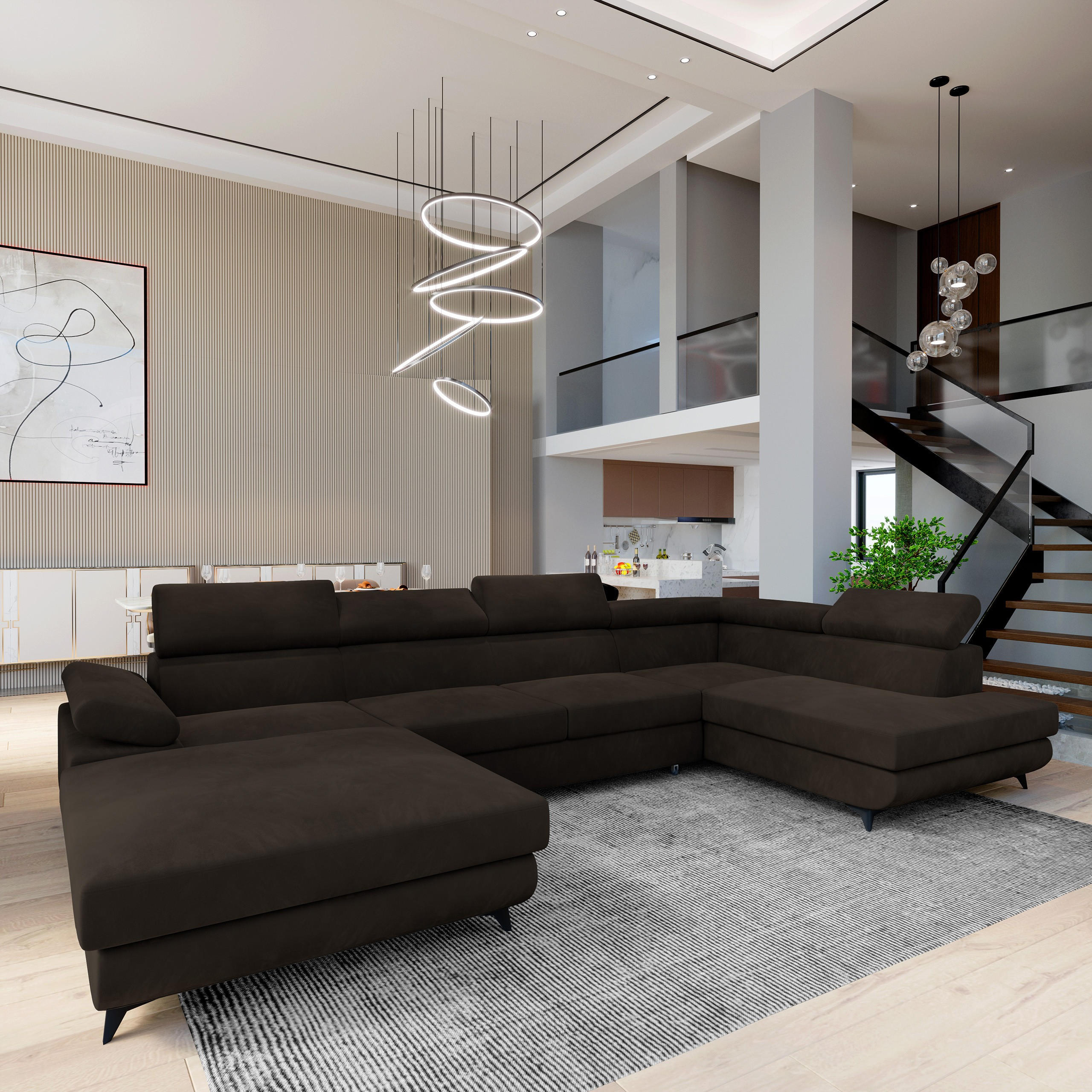WOHNLANDSCHAFT RUBANO R-S Braun Velours-Stoff mit Schlaffunktion - Braun, Holz (339/89/190cm) - MASSENO