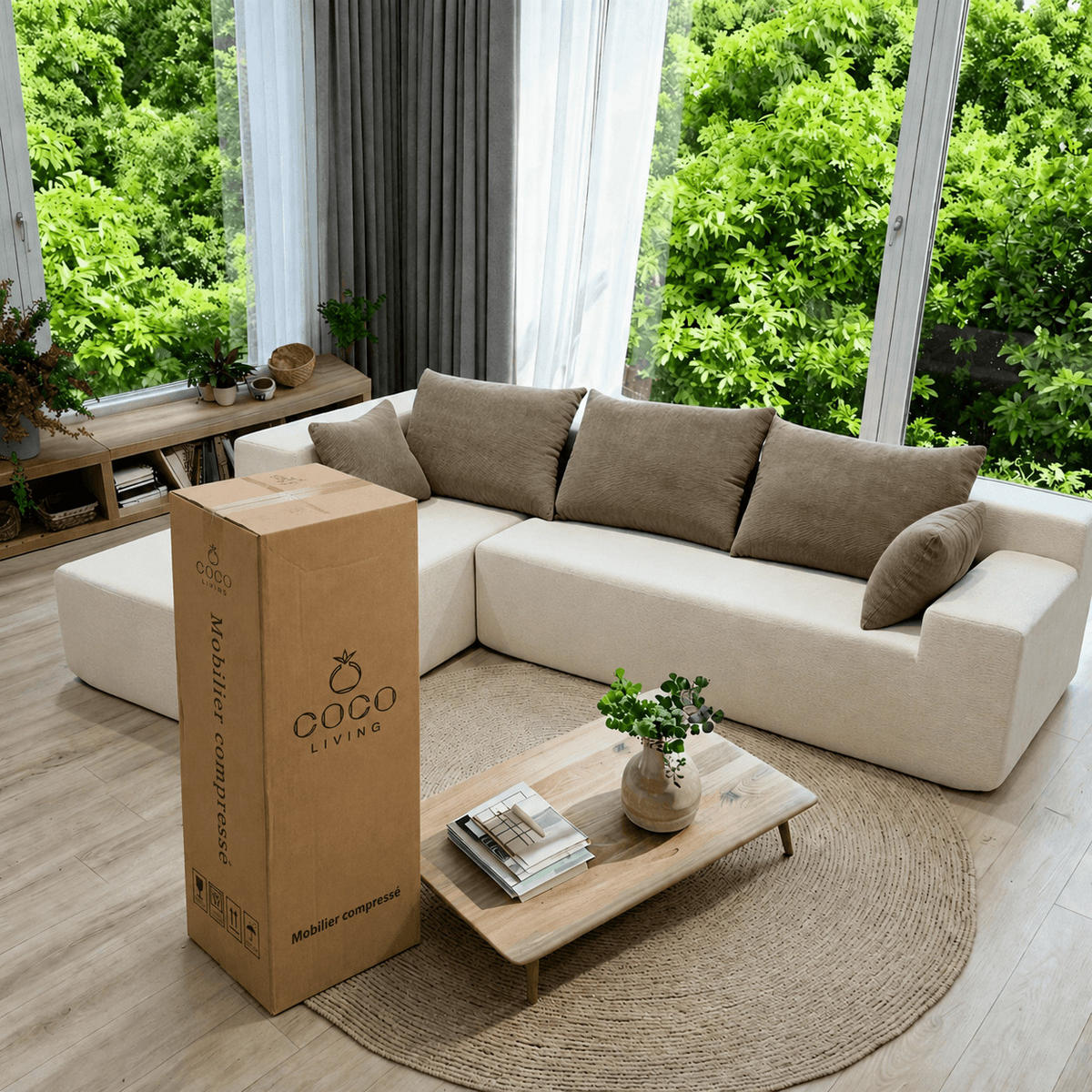 ECKSOFA Luna Weiß Sand 3-Sitzer Links - Weiß/Braun, Textil (267/175cm) - COCO Living