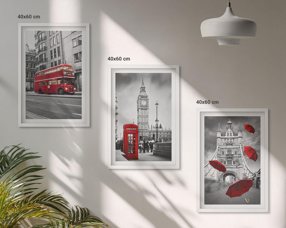 WANDBILDER 3er-Set - 40x60 cm Weißer Rahmen - Red Accents London - Weiß, Kunststoff (40/60cm) - ArtPrintCave