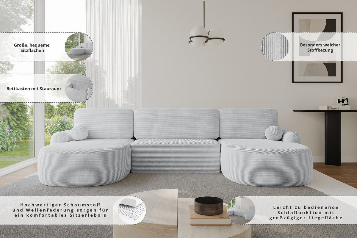 WOHNLANDSCHAFT mit Schlaffunktion und Bettkasten LIRA-U - 335x172x89 Apricot - Dunkelorange, Holzwerkstoff/Textil (335/89/172cm) - ALTDECOR