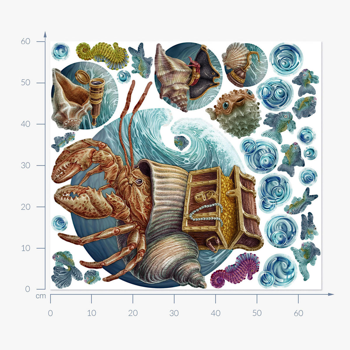 WANDAUFKLEBER 60x66cm - Die Unterwasserwelt der Krabbe - Multicolor, Kunststoff (60/66/0.1cm) - Wallfluent