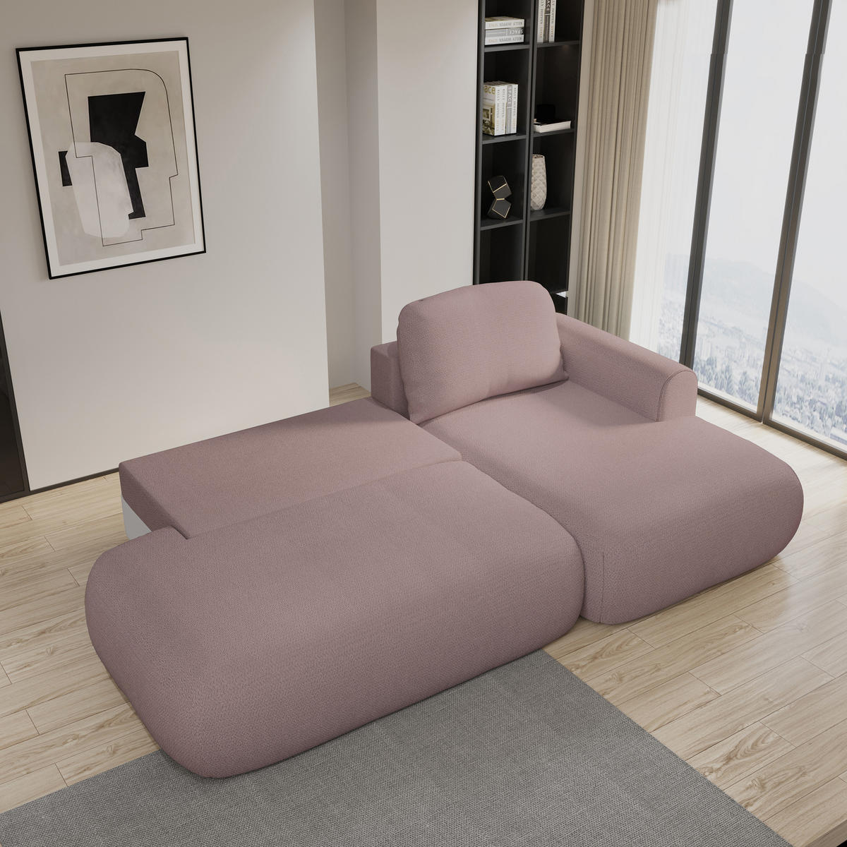ECKSOFA NUVIRA R-S Rosa Geflochtener Stoff mit Schlaffunktion - Rosa, Holz (274/165cm) - MASSENO
