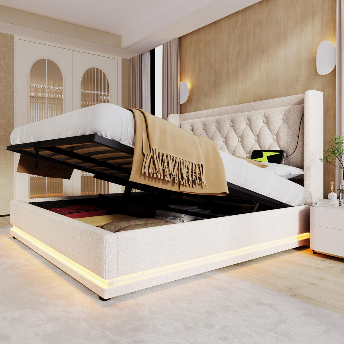 POLSTERBETT 180/200 cm Beige Baumwolle mit Stauraum und USB-Anschluss - Beige, Textil (180/200cm) - OKWISH