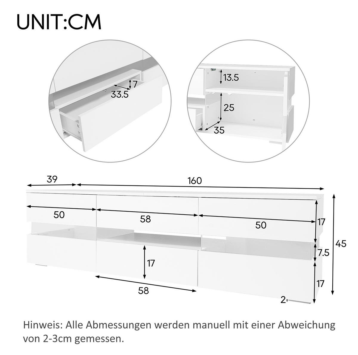 TV-SCHRANK 160/39/45 cm weiß Hochglanz mit LED-Beleuchtung 2 Türen und 1 Schublade - Weiß, Holzwerkstoff (160/45/39cm) - OKWISH