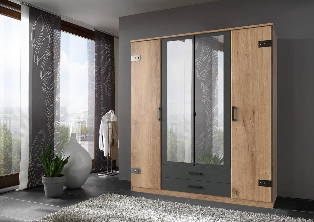 KLEIDERSCHRANK Cork in Plankeneiche mit Grafit 180x199x58 cm (BxHxT) – Drehtürenschrank mit Spiegel in Breite 180cm - Braun, Holzwerkstoff (120/200/80cm)