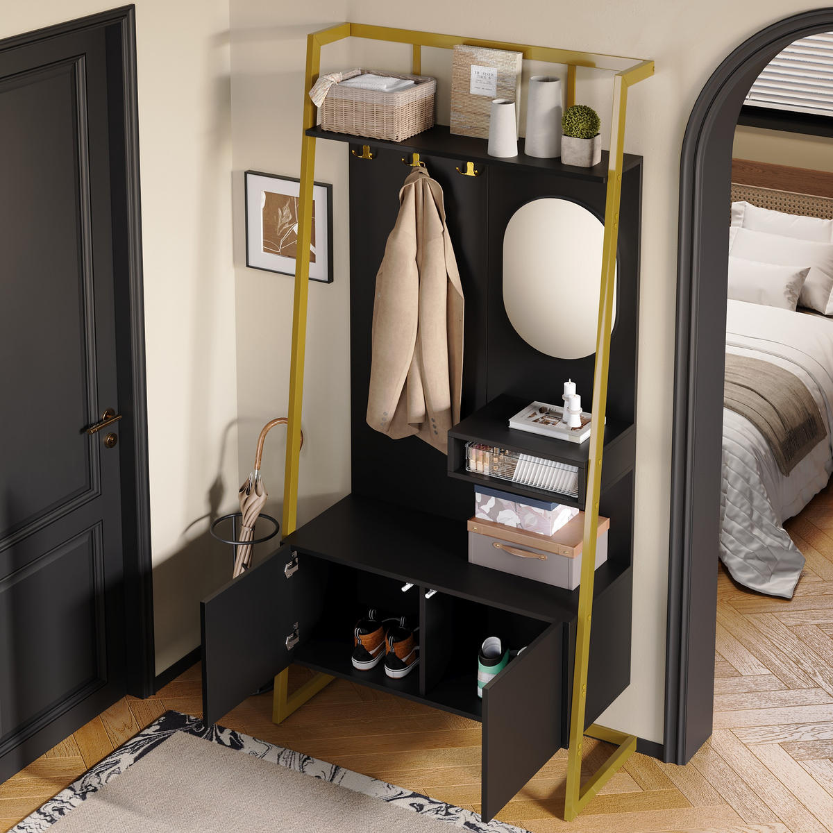 GARDEROBE Kompakt Spiegel Schuhbank Metallhaken - Schwarz, Holzwerkstoff (38.5/180.5/78cm) - FLIEKS