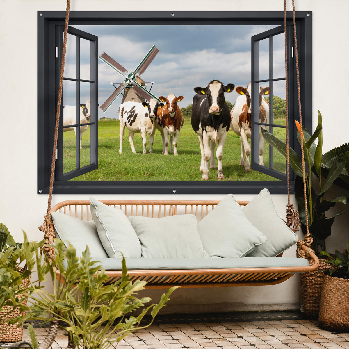 ZAHRADNÍ PLAKÁT Pohled - Kráva - Mlýn - Krávy - Louka - Tráva - Zelená 180x120 cm - antracitová, plast (180/120/0.2cm) - OnlyWow