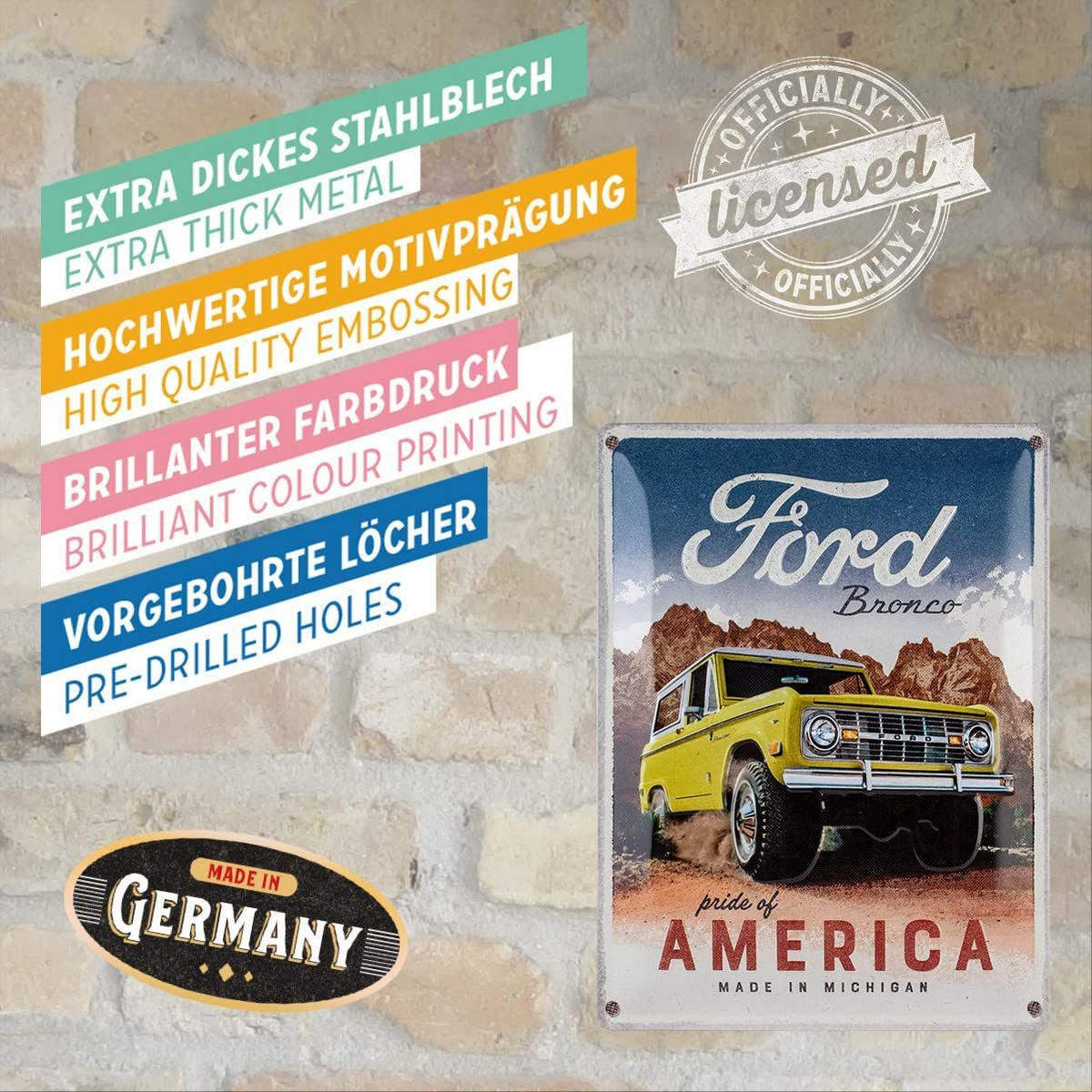 BLECHSCHILD 30/40 cm Ford Bronco Pride of America - Multicolor, Metall (30/40/0.2cm) - Nostalgic-Art