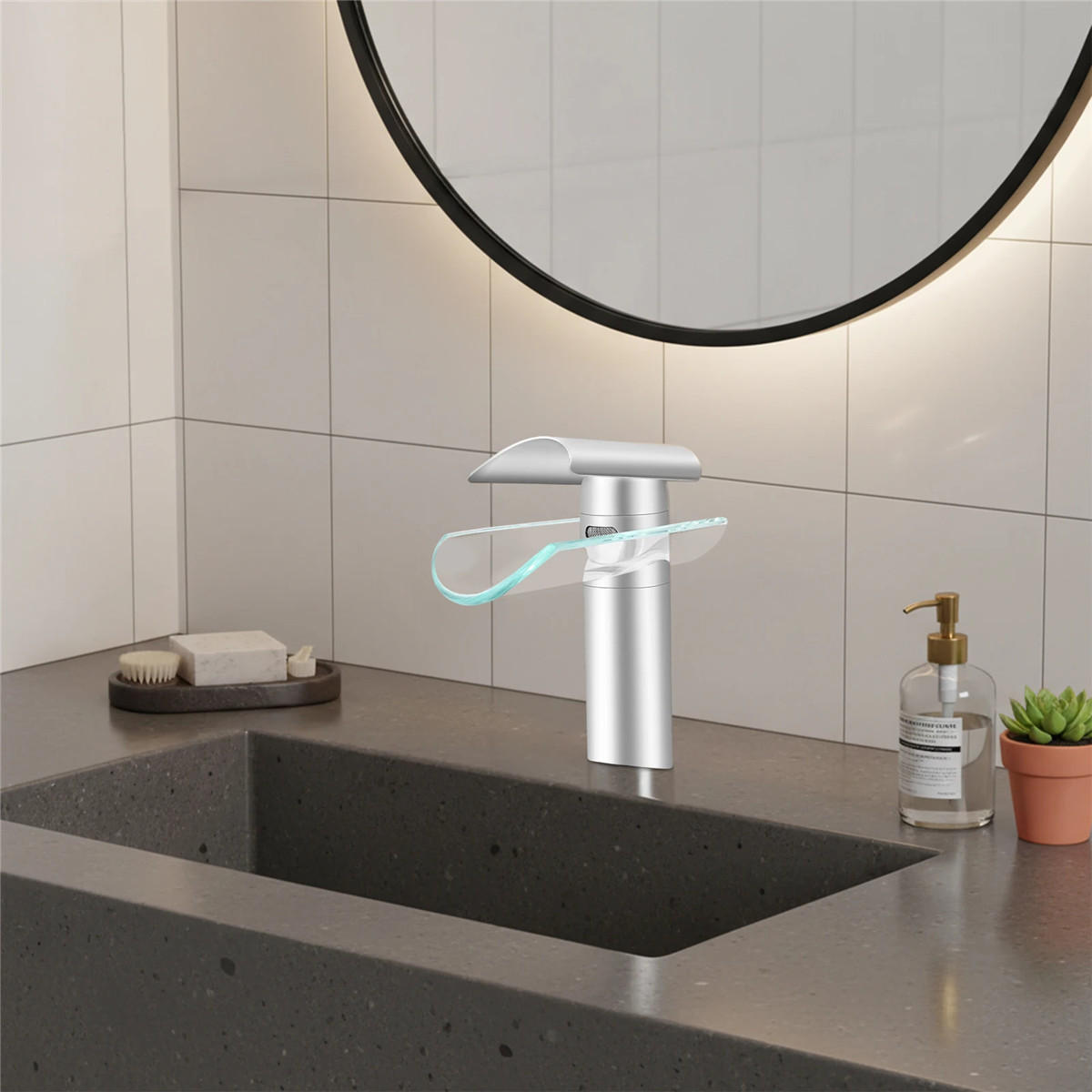 WASCHTISCHARMATUR Wasserfall Messing mit Glasauslauf - Silberfarben, Metall (17.5/17.5/3.5cm) - Kaket