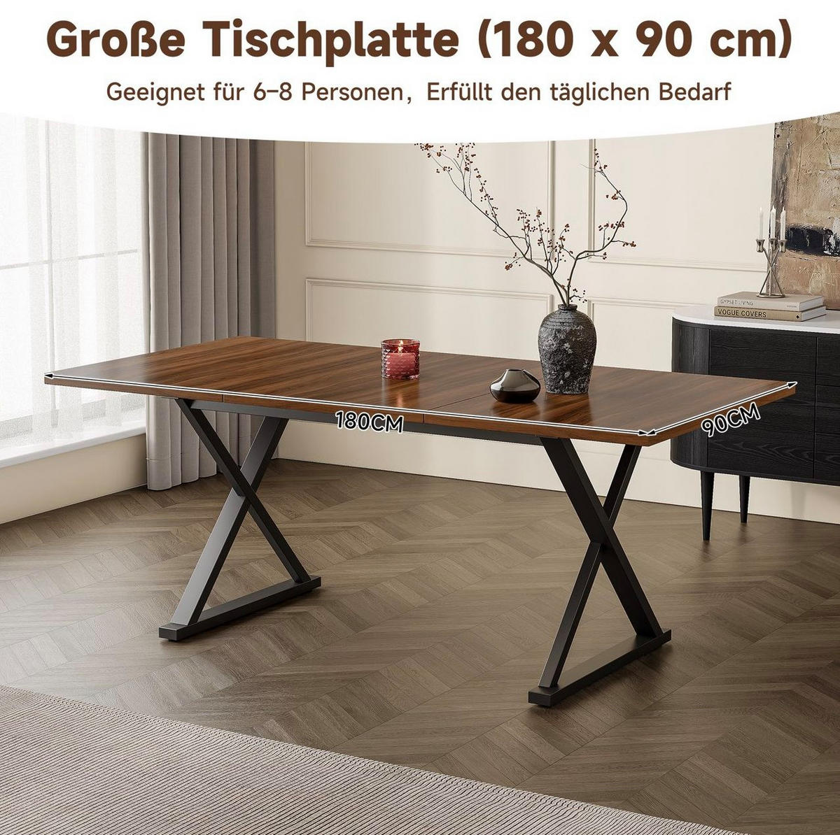 ESSTISCH aus MDF 180x90x75 cm Walnussfarbe mit X-förmigem Metallgestell für 6-8 Personen - Walnussfarben, Holzwerkstoff (180/90/75cm) - Modfu