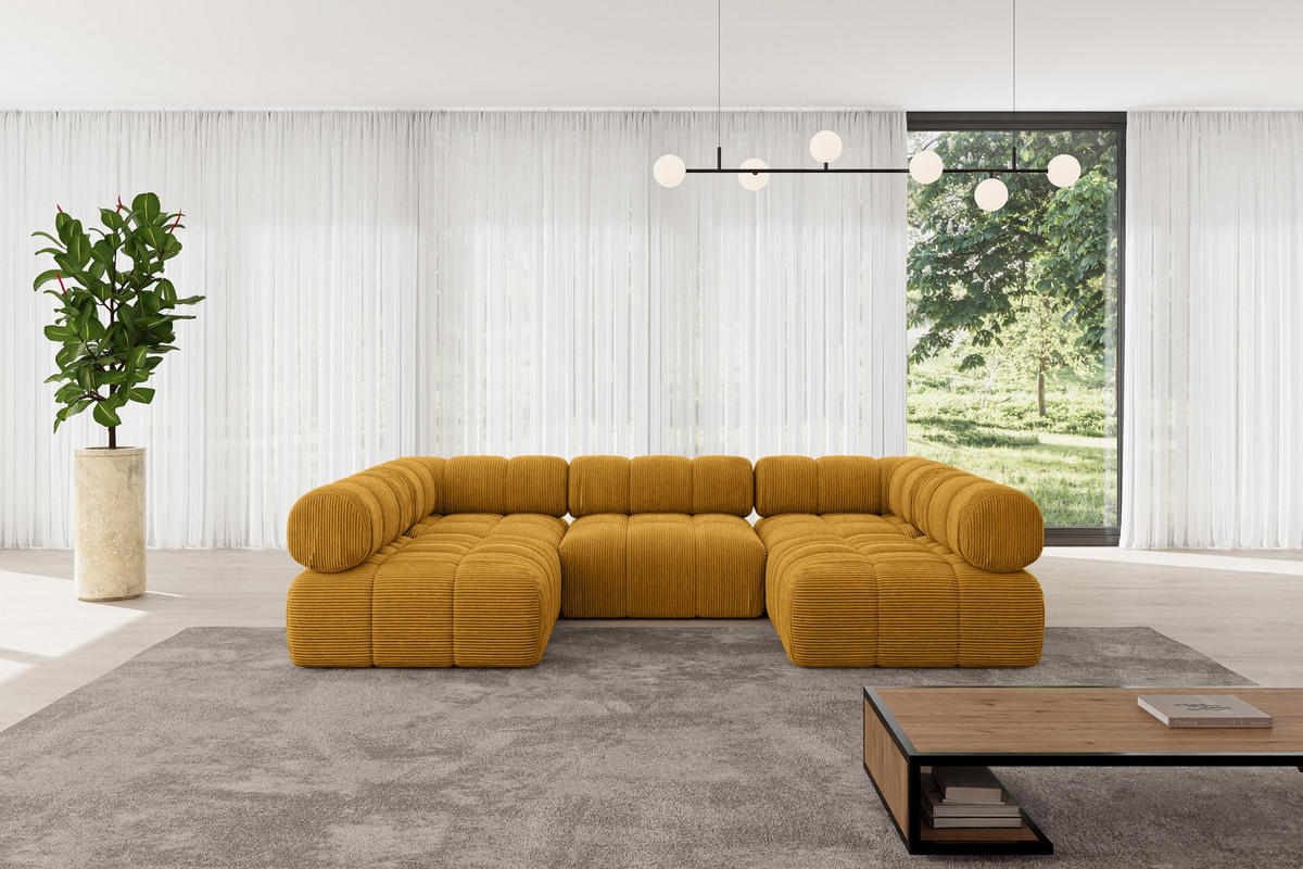 WOHNLANDSCHAFT modulares Sofa Garvo-U1 - 285x190x70 cm Senfgelb Cord - Currygelb, Holzwerkstoff/Textil (285/70/190cm) - ALTDECOR
