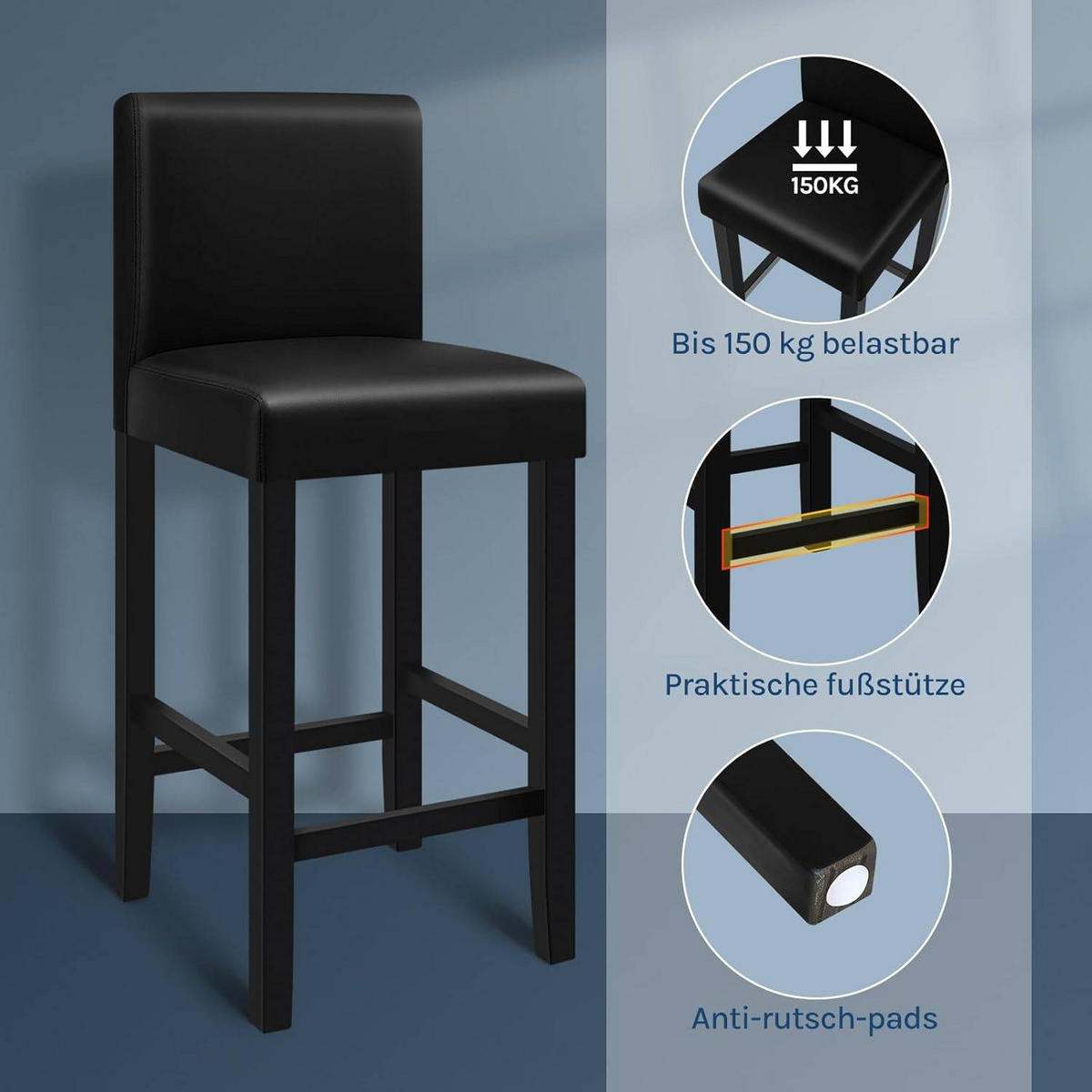 BARHOCKER 2er Set, Massivholz, Antirutschgummi, Kunstleder - Schwarz, Holz (41.5/110.5/48cm) - Woltu