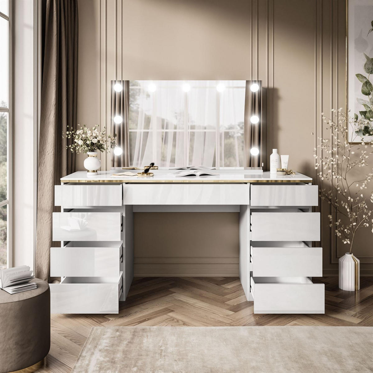 SCHMINKTISCH AURORA DOUBLE GOLD, weiß glänzend - Goldfarben/Weiß, Holzwerkstoff (156.8/79.2/55cm) - Lookway