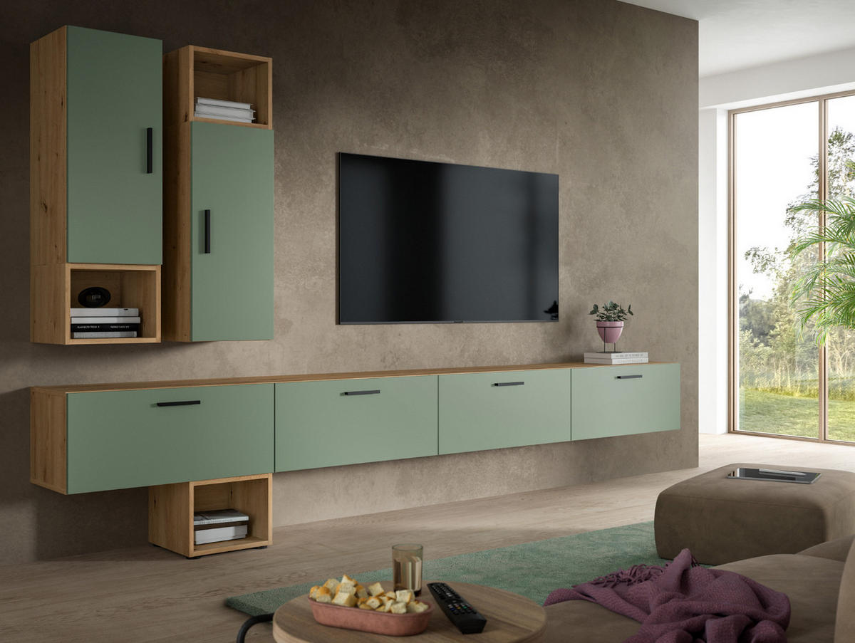 WOHNWAND grün, Eiche Artisan 300 cm, Wohnkombination hängend / stehend - Schwarz/Eiche Artisan, Holzwerkstoff/Kunststoff (300/178/34cm) - Inn.Furn