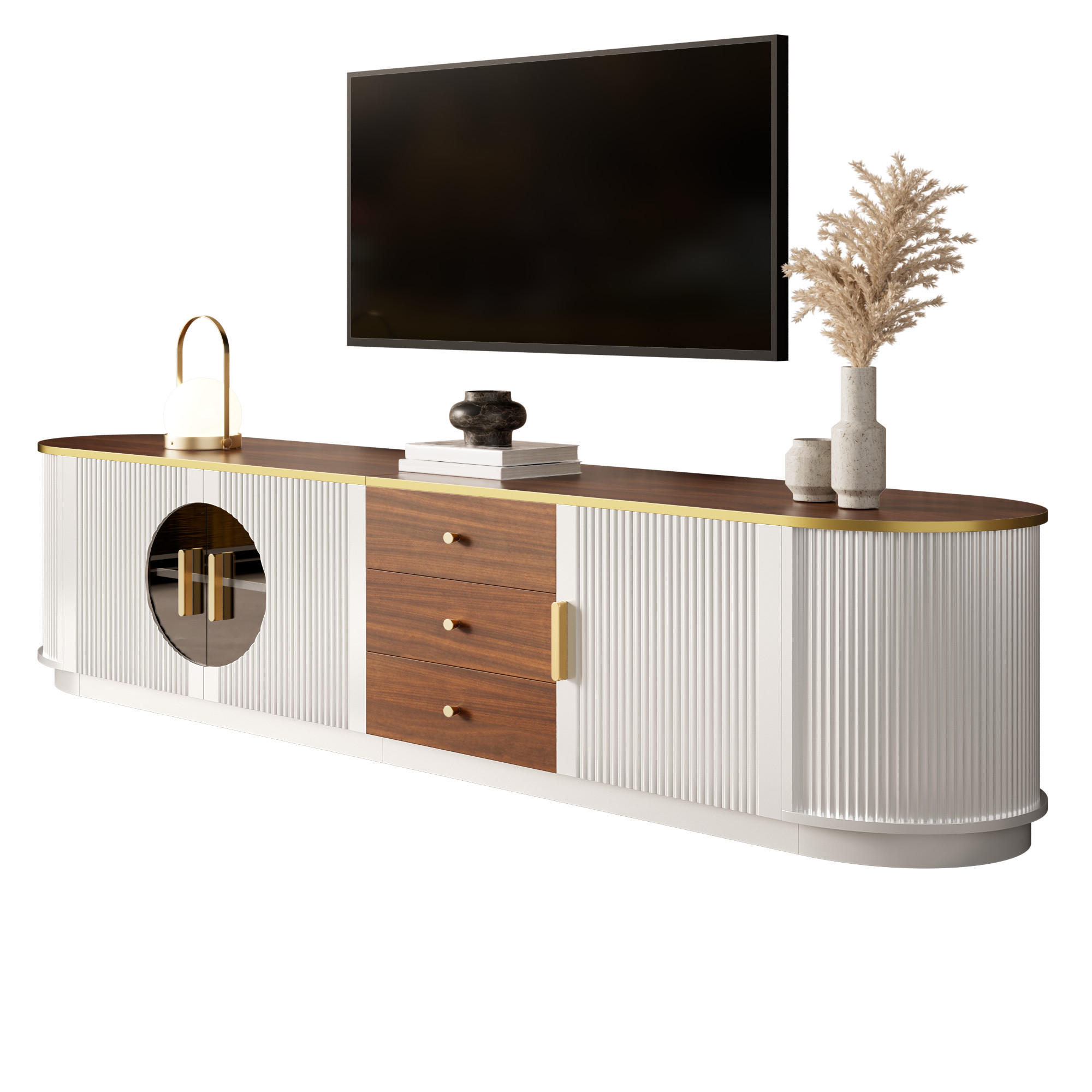 TV-SCHRANK Lowboard Braun Glas MDF Rillenoptik Aluminiumgriffe - Weiß, Holzwerkstoff (180/46/40cm) - FLIEKS