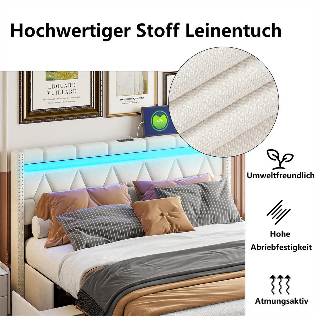 POLSTERBETT 160x200 cm - mit LED-Kopfteil, USB-Ladefunktion und 4 Schubladen - ohne Matratze - Beige - Beige, Textil (160/200cm) - DELFA