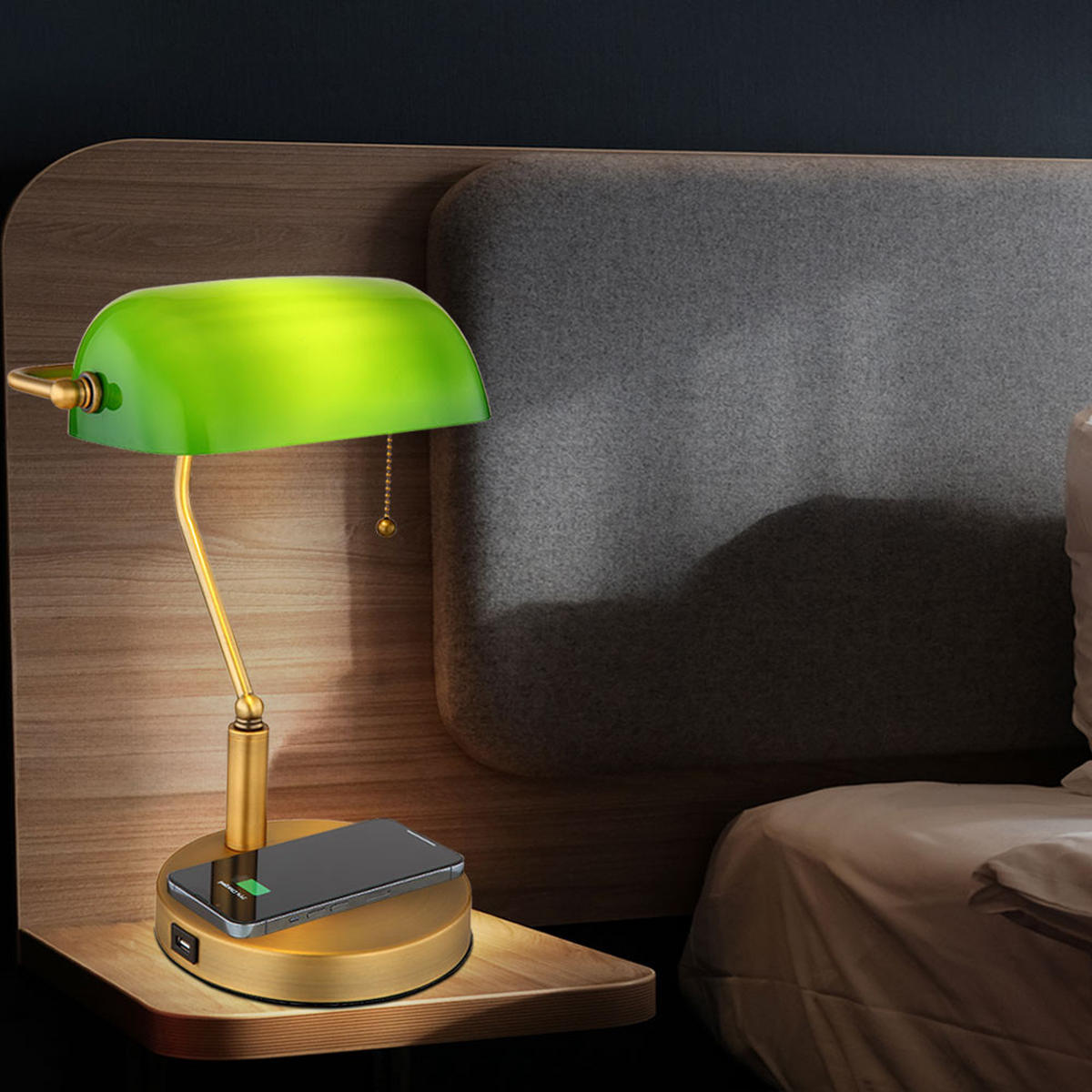 LED TISCHLEUCHTE Antique Messing Grün - Messingfarben, Glas (26.5/20/36cm) - Globo Lighting