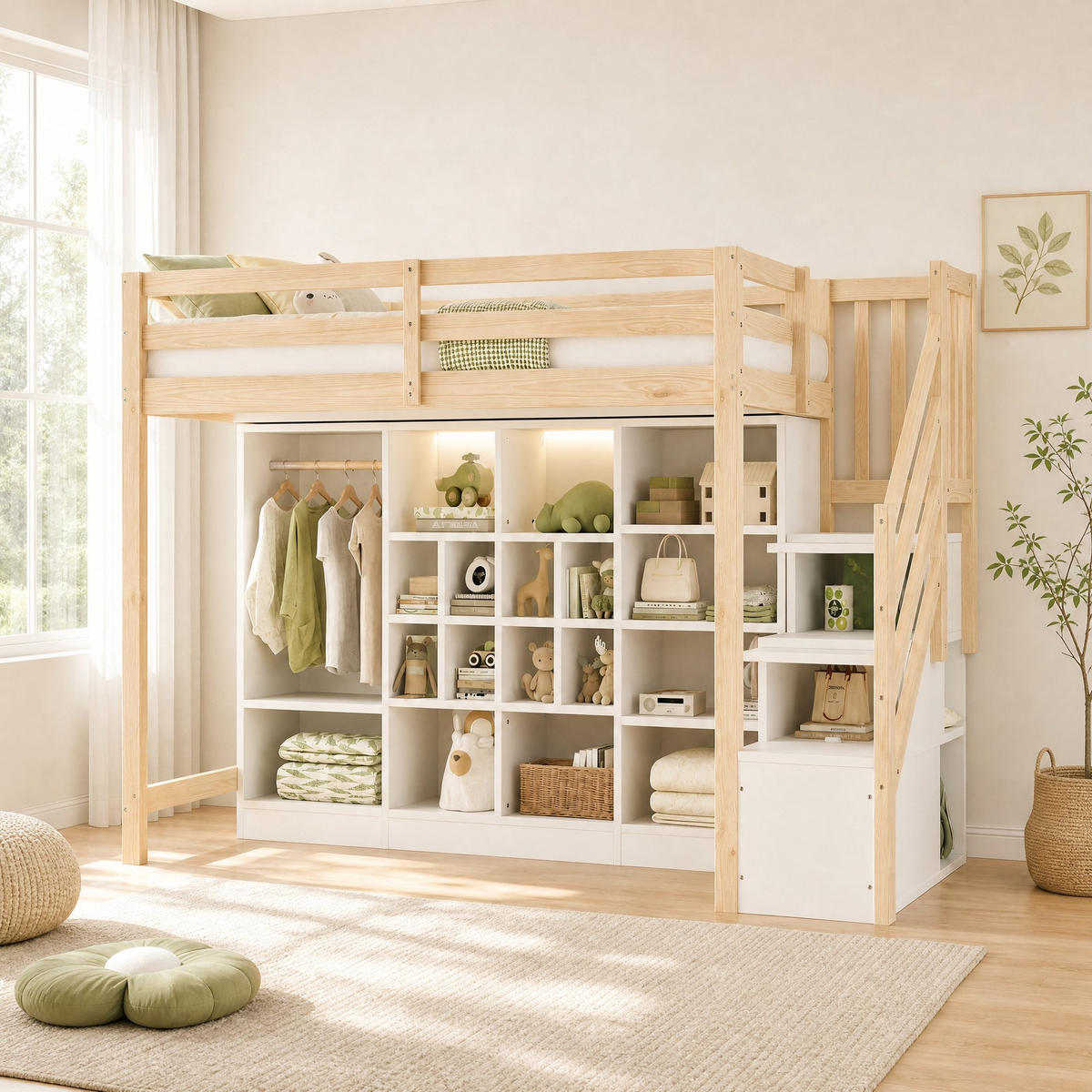 HOCHBETT 90/200 mit LED, Stauraumtreppe und Kleiderschrank in Holzfarbe - Weiß/Naturfarben, Holzwerkstoff (90/200cm) - EVRYAE