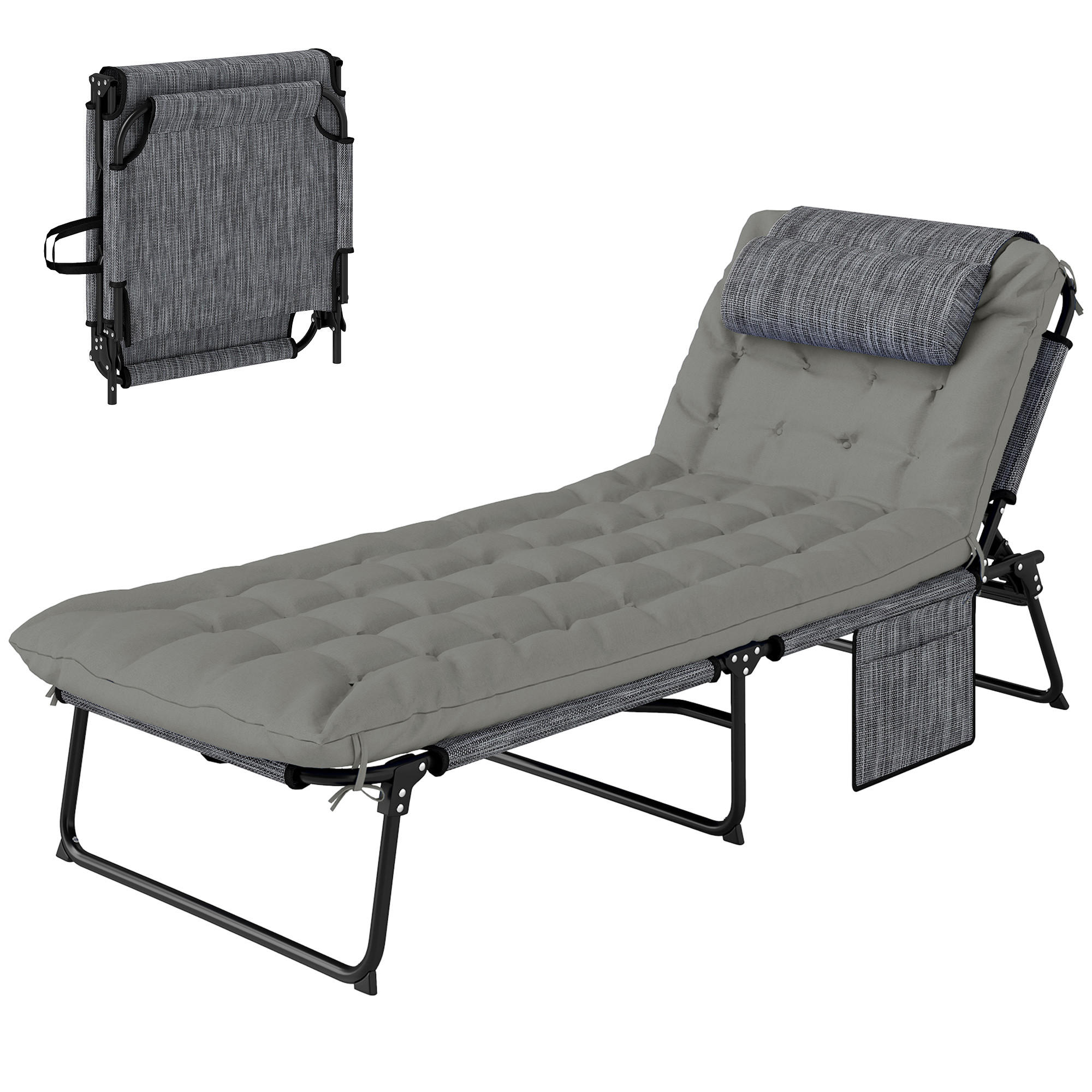 SONNENLIEGE Klappbare und verstellbare Gartenliege mit Seitentasche 68 x 189 x 30 cm ,Schwarz und Grau - Grau, Metall (68/30/189cm) - Vallsero