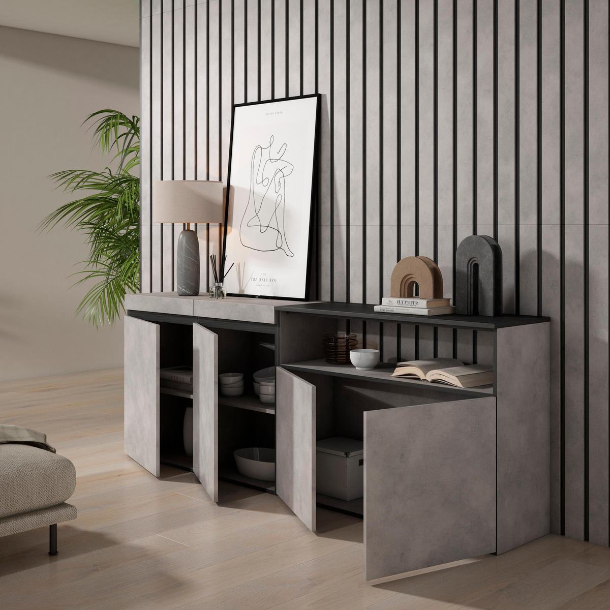 SIDEBOARD zementgrau, 200/35/75cm - Grau, Holzwerkstoff (200/75/35cm) - Skraut Home