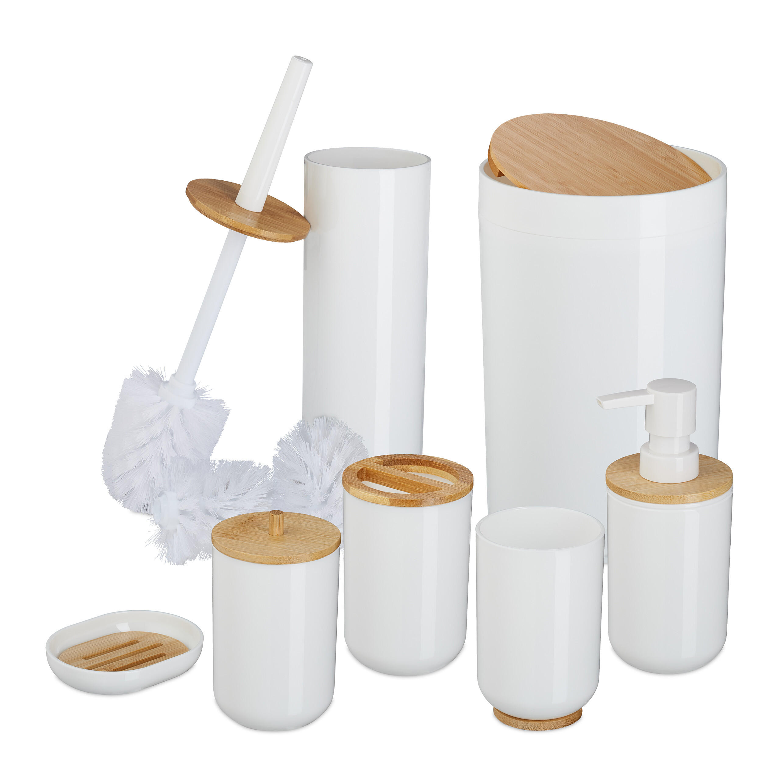 BADEZIMMER-SET 7-tlg. - Weiß, Holz/Kunststoff (18/27/18cm) - Relaxdays