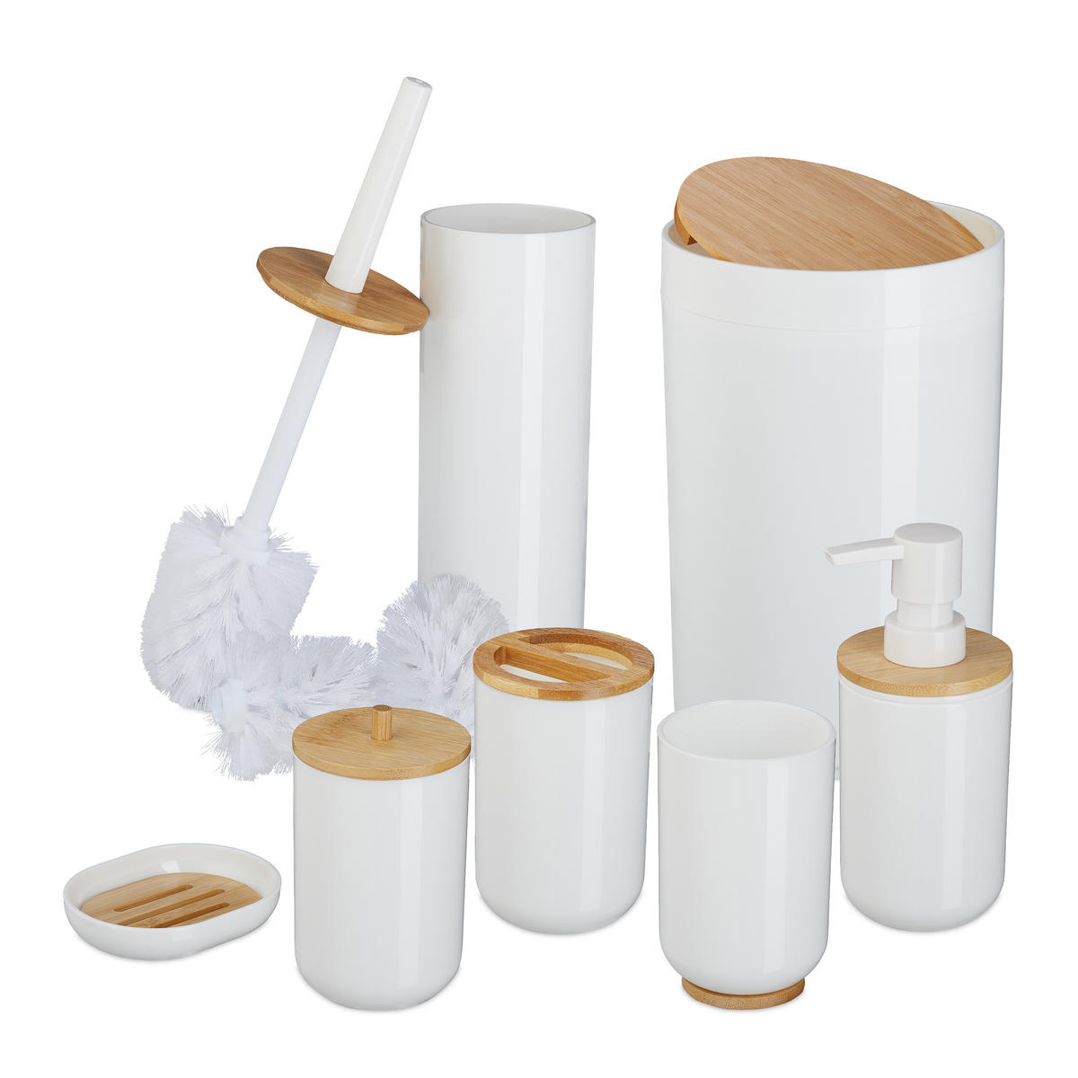 BADEZIMMER-SET 7-tlg. - Weiß, Holz/Kunststoff (18/27/18cm) - Relaxdays