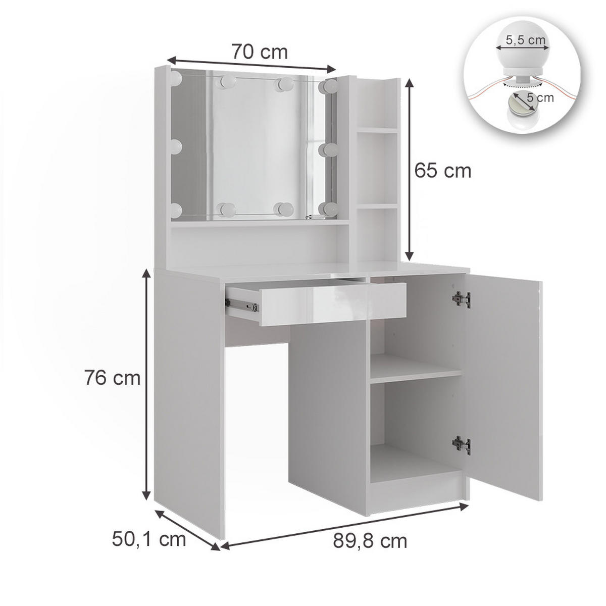 SCHMINKTISCH Sherry Weiß/Weiß Hochglanz 89.8 cm 4 Teile - Weiß Hochglanz, Holzwerkstoff (89.8/76/50.1cm) - Vicco