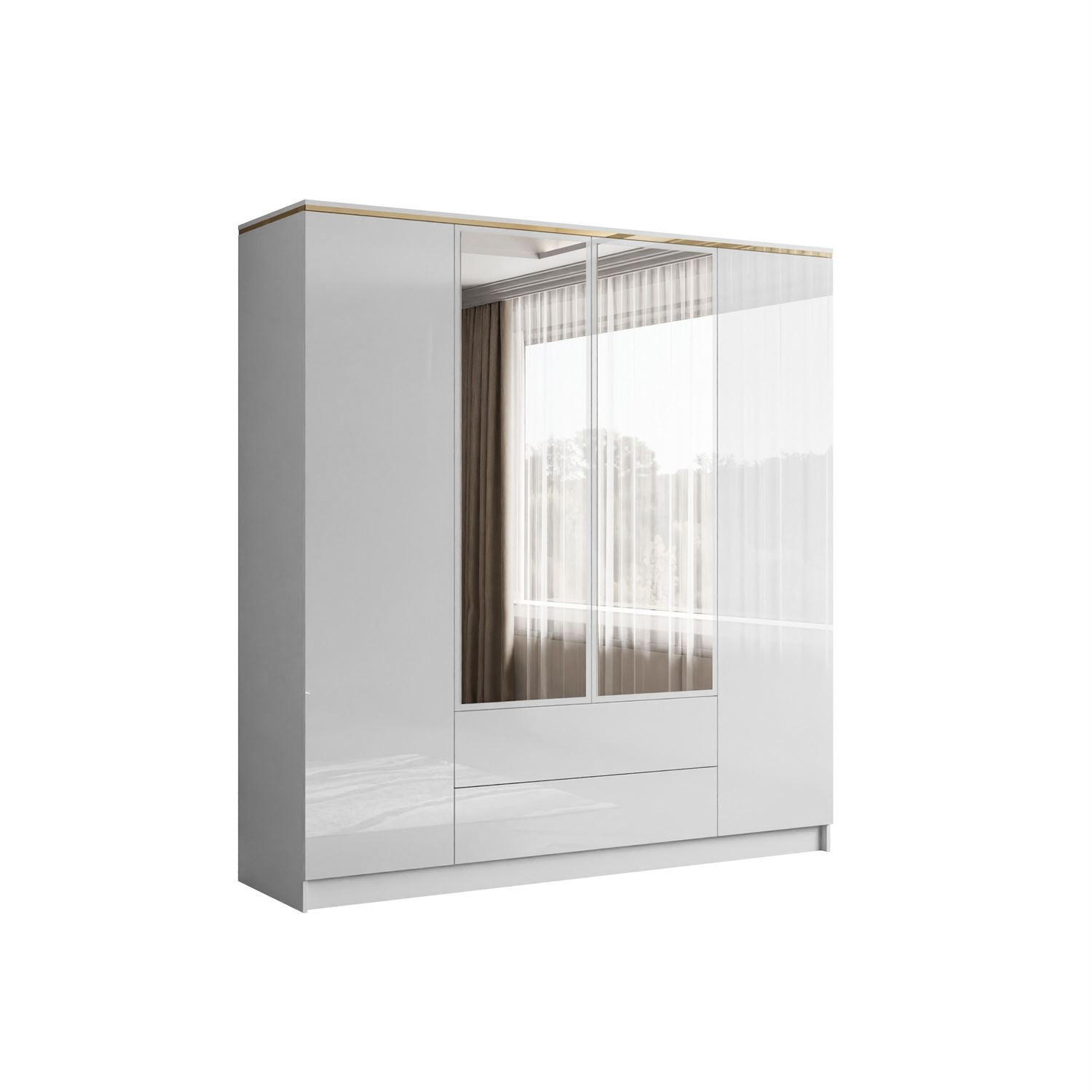 KLEIDERSCHRANK AURORA 4D2SZ mit Schubladen und Griffen - Weiß Hochglanz, Holzwerkstoff (200/213/57cm) - Lookway