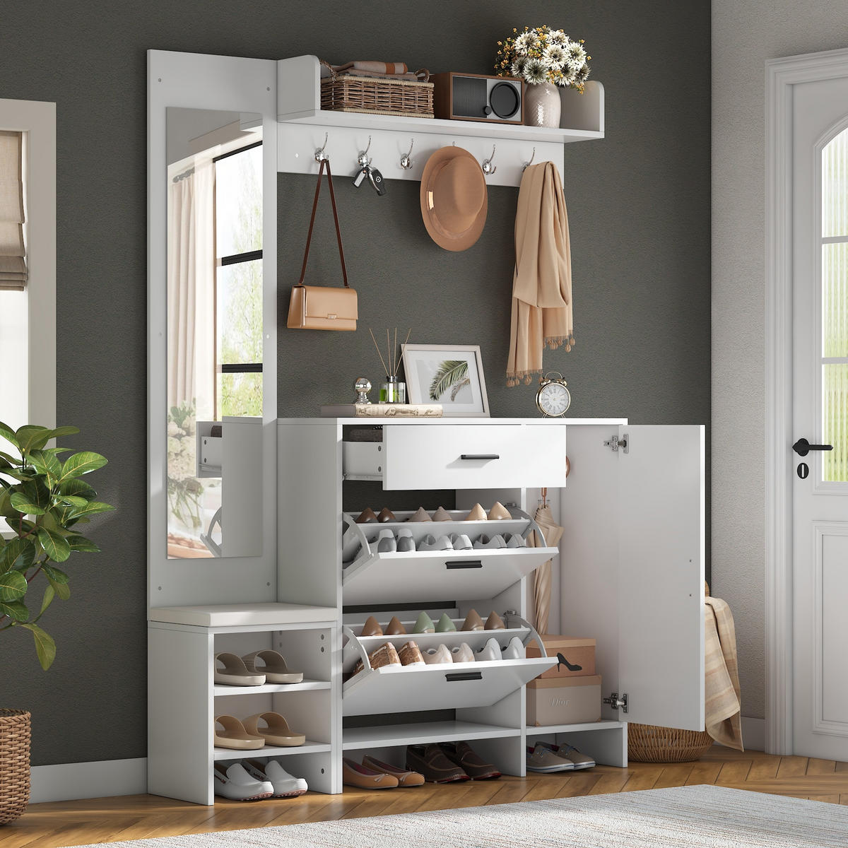 GARDEROBENSCHRANK mit Schuhschrank Spiegel und Schuhwechselbank mit Stauraum Weiß 140/30/200 cm - Weiß, Holzwerkstoff (140/200/30cm) - EVRYAE