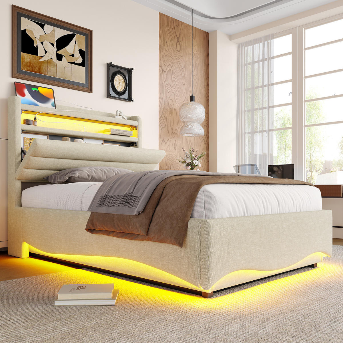 POLSTERBETT 90/200 cm Beige aus Leinen mit Stauraum, LED und USB- und Type-C-Anschlüssen - Beige, Textil (90/200cm) - Flora Grace