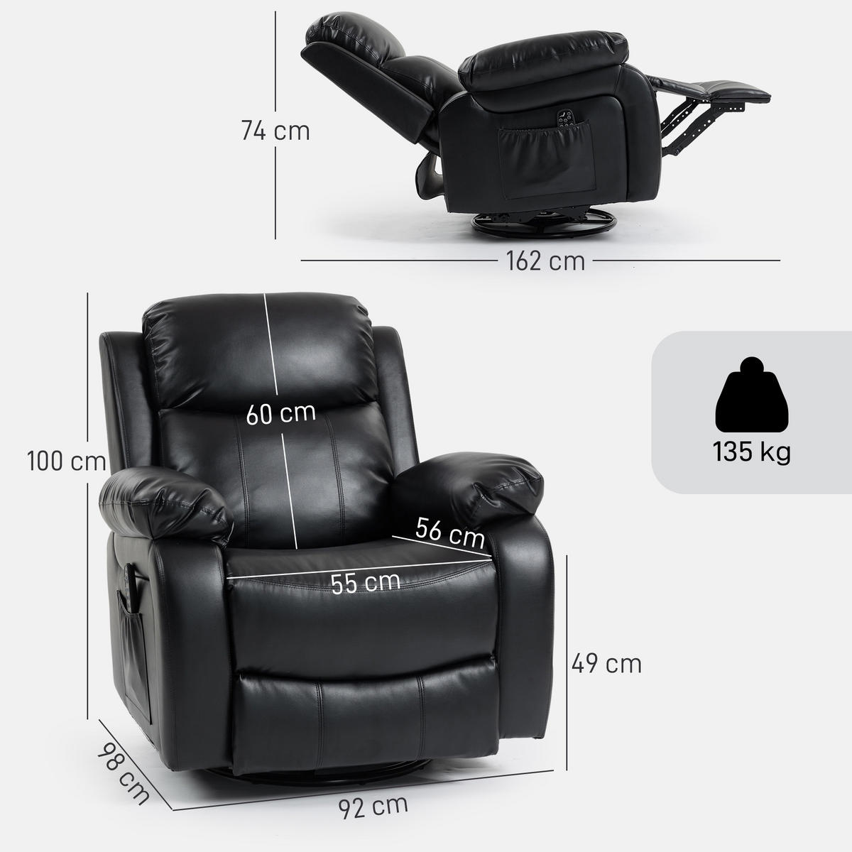 MASSAGESESSEL Kunstleder Metall Schwarz - Schwarz, Textil/Metall (92/100/98cm) - HOMCOM