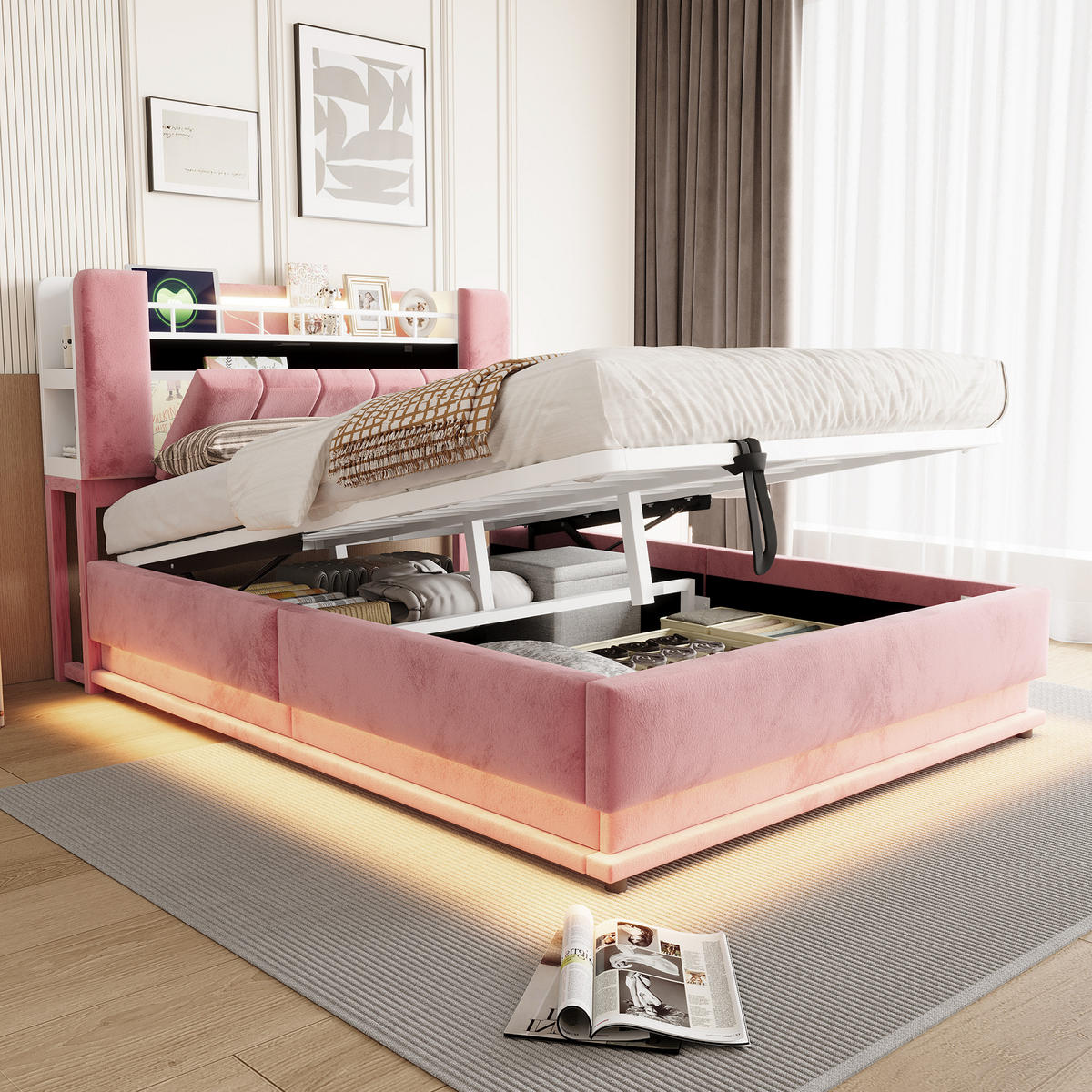 STAURAUMBETT 140/200 cm mit LED und Stauraum, DE-02116, in Beige - Pink, Metall (140/200cm) - ComfortXL