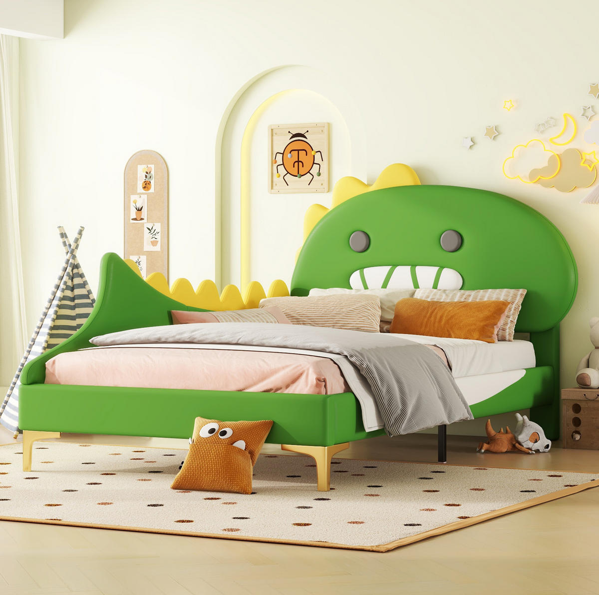 KINDERBETT 90/200 cm aus PU und MDF mit Dinosaurier-Kopfteil Grün - Grün, Kunststoff (90/200cm) - Modenvie