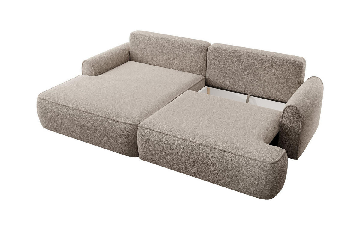 ECKSOFA MARE Beige Boucle-Stoff mit Schlaffunktion - Beige, Holz (250/146cm) - MASSENO