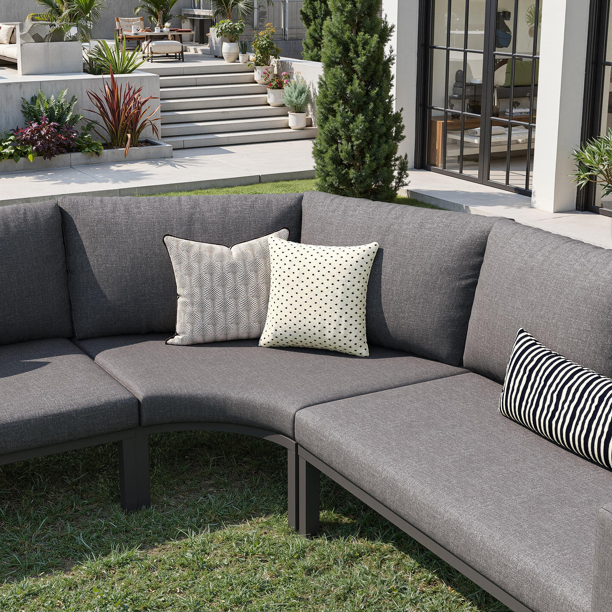 GARTENLOUNGE-SET Sitzgruppe für 8 Personen mit L-förmiges Gartensofa&Tisch Essgruppe - Grau, Textil/Metall - STILVORA