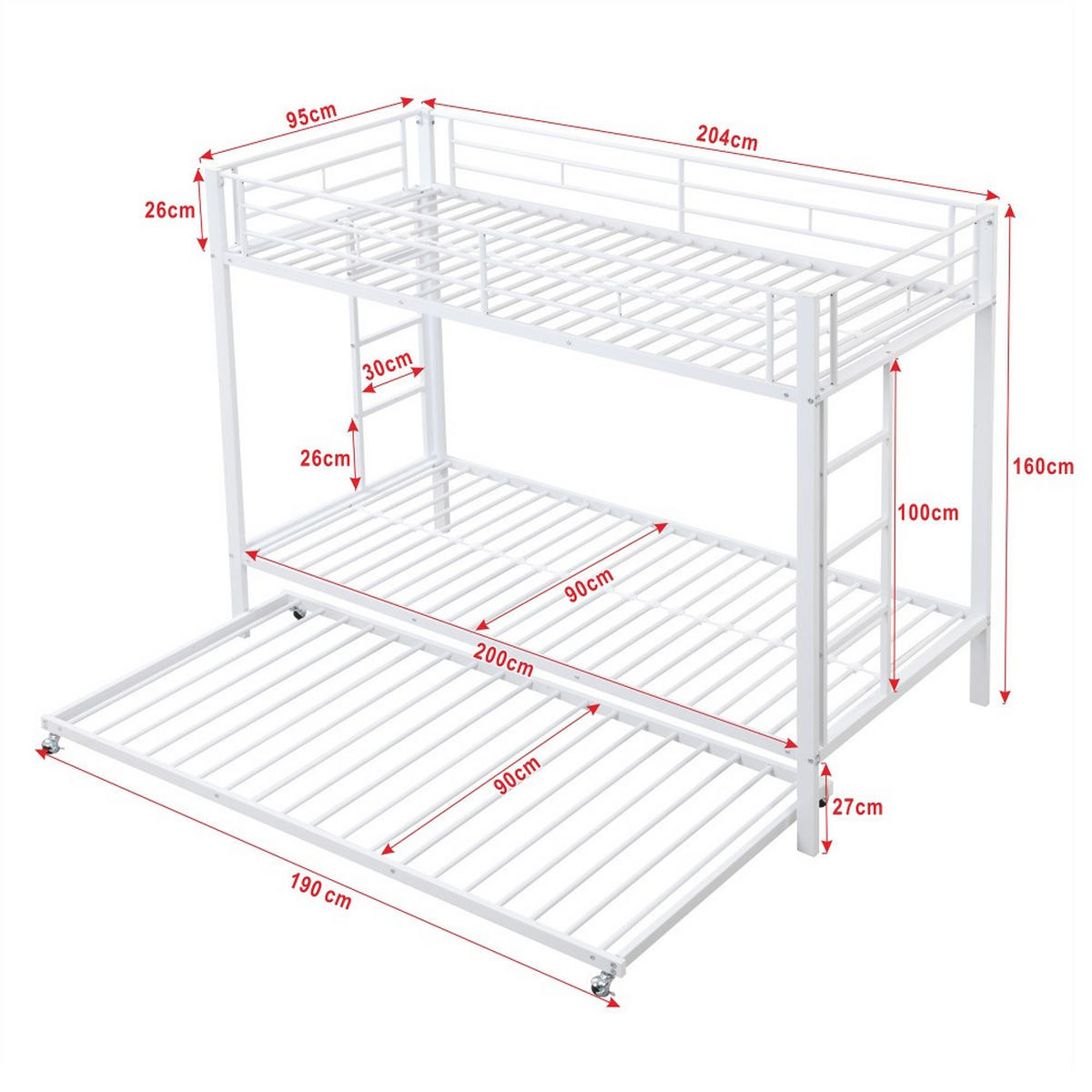 ETAGENBETT 90x200cm mit Ausziehbett in Weiß - Weiß, Metall (90/200cm) - KOMHTOM