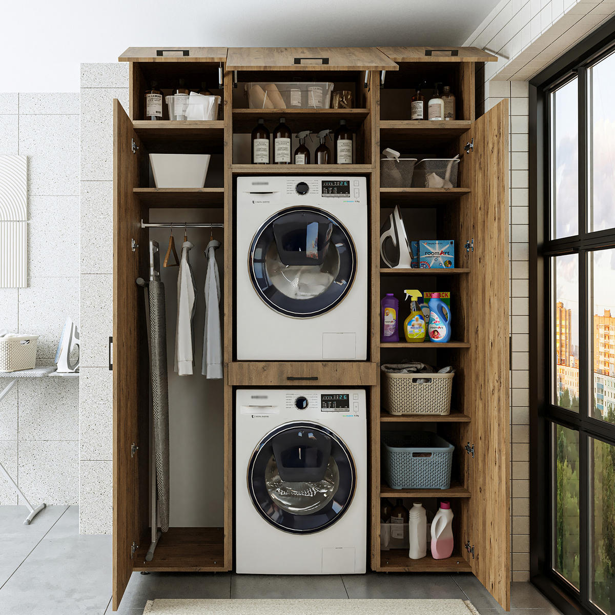 WASCHMASCHINENSCHRANK DUO-I 157cm Breit, 240cm Hoch - Eichefarben, Holzwerkstoff (157/240/67cm)