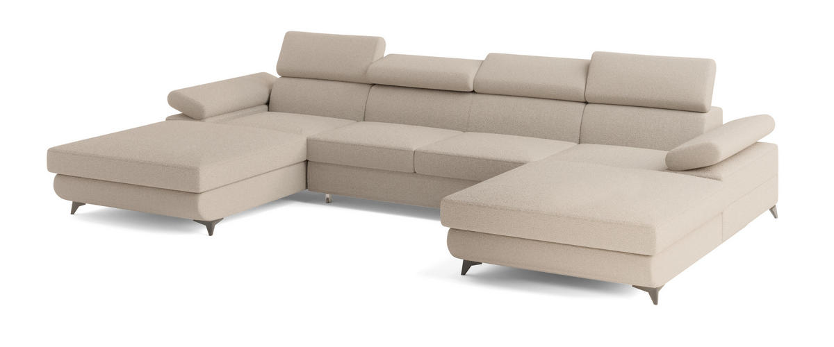 WOHNLANDSCHAFT DETTI Beige Boucle-Stoff mit Schlaffunktion - Beige, Holz (339/89/190cm) - MASSENO