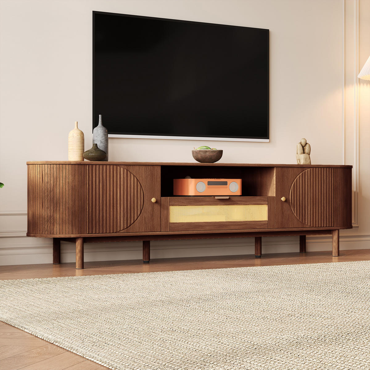 TV-SCHRANK Rattan Schubladen Offene Fächer Metallbeine Holzoptik - Walnussfarben, Holzwerkstoff (36/51/175cm) - FLIEKS