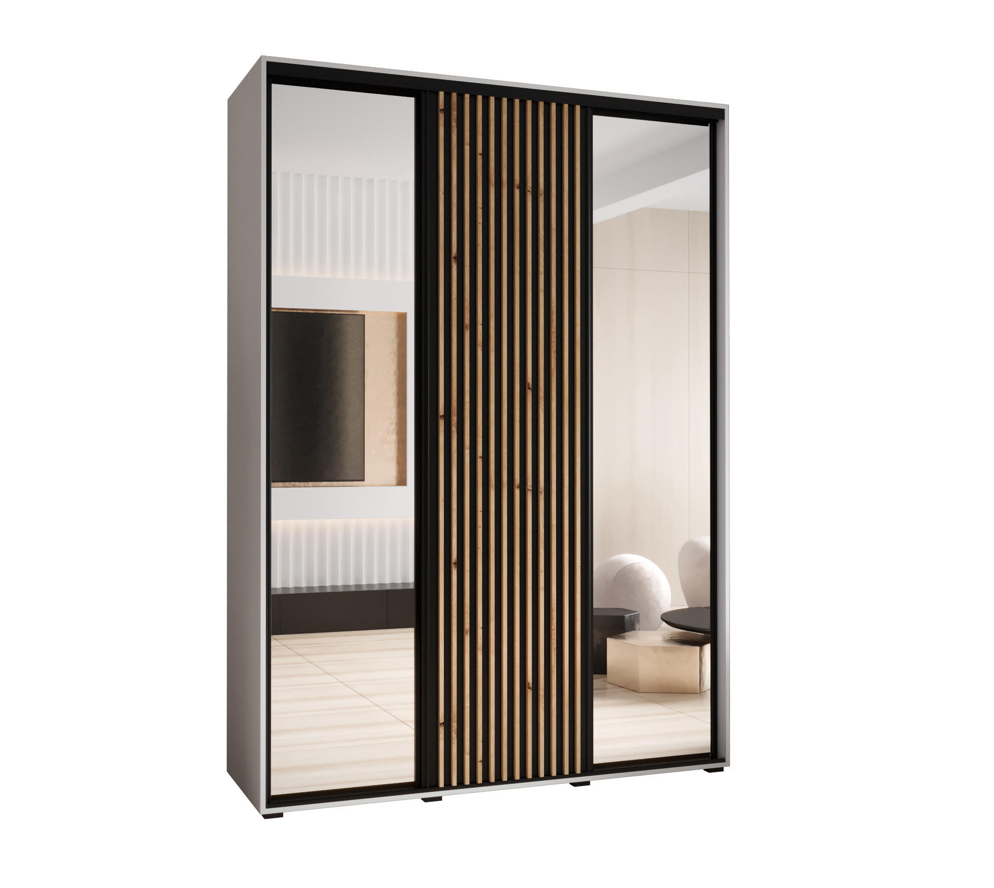 Abiks Möbel Schwebetürenschrank Weiß, Schwarz, Eiche Artisan 170x235x60 cm