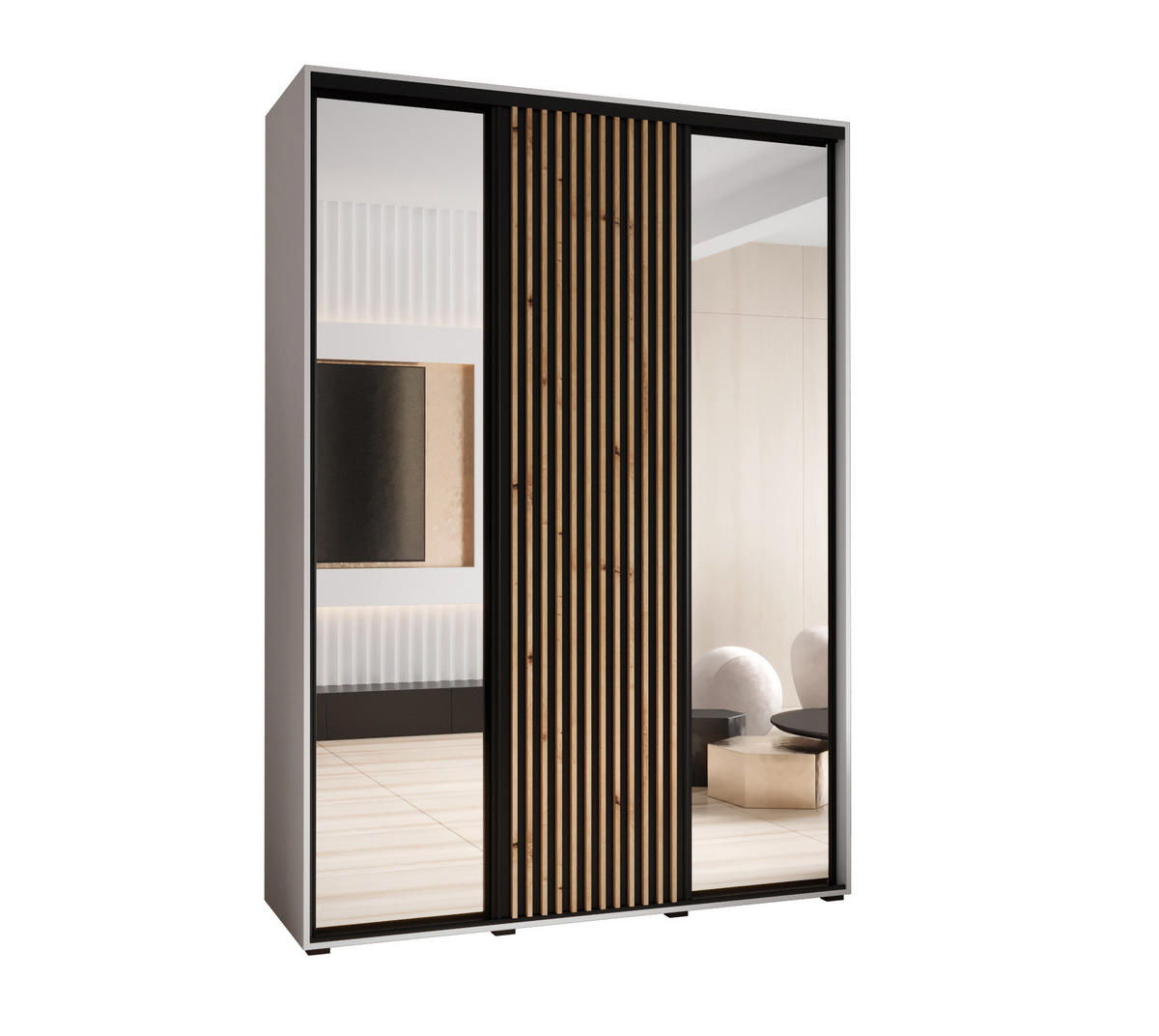 SCHWEBETÜRENSCHRANK 205,2/170/60 3-türig - Schwarz/Weiß, Holz/Metall (170/205.2/60cm) - Abiks Möbel