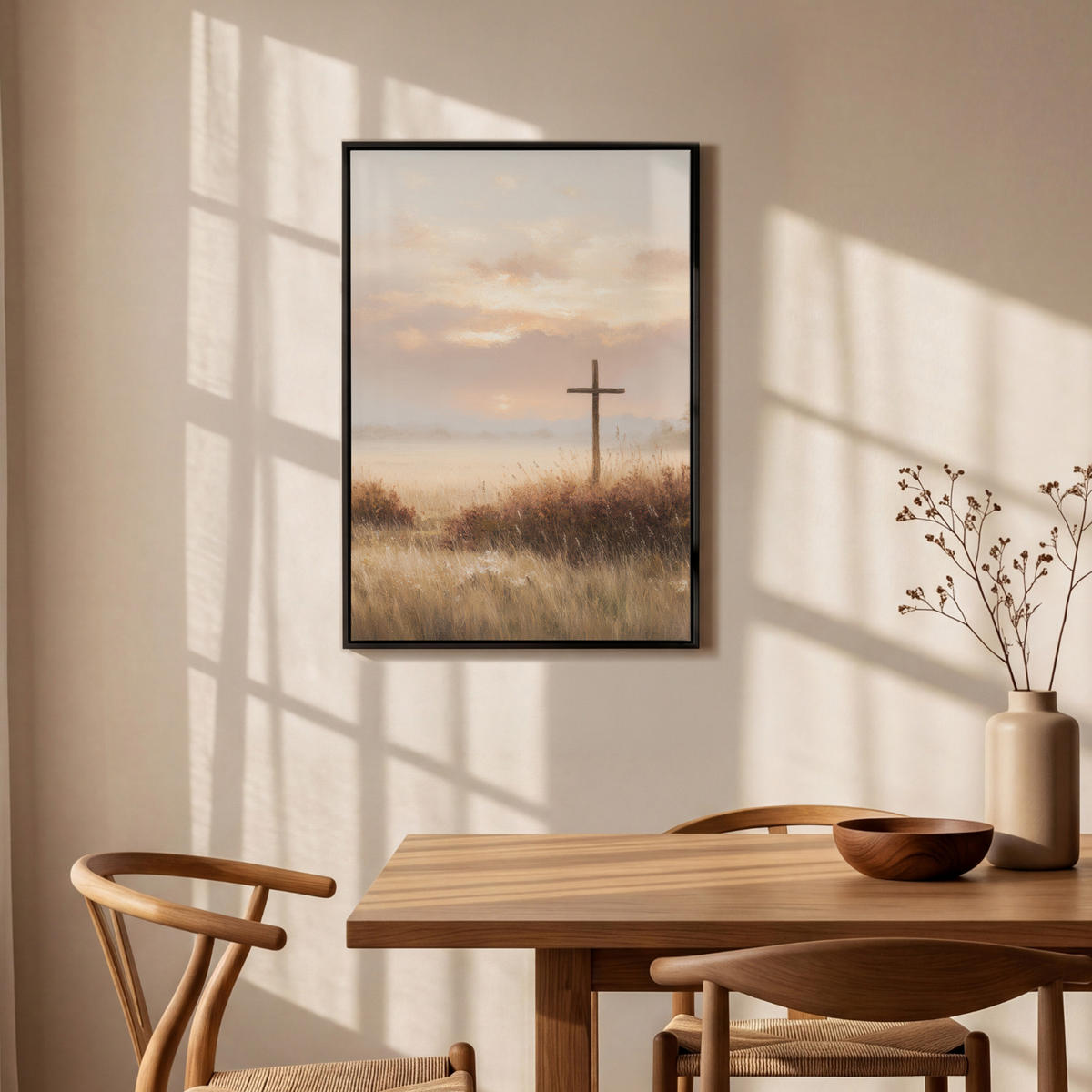 LEINWAND Bilder mit Rahmen - Gras - Morgennebel - Kreuz - Christentum - 60x90 - Beige, Textil (60/90cm) - MuchoWow