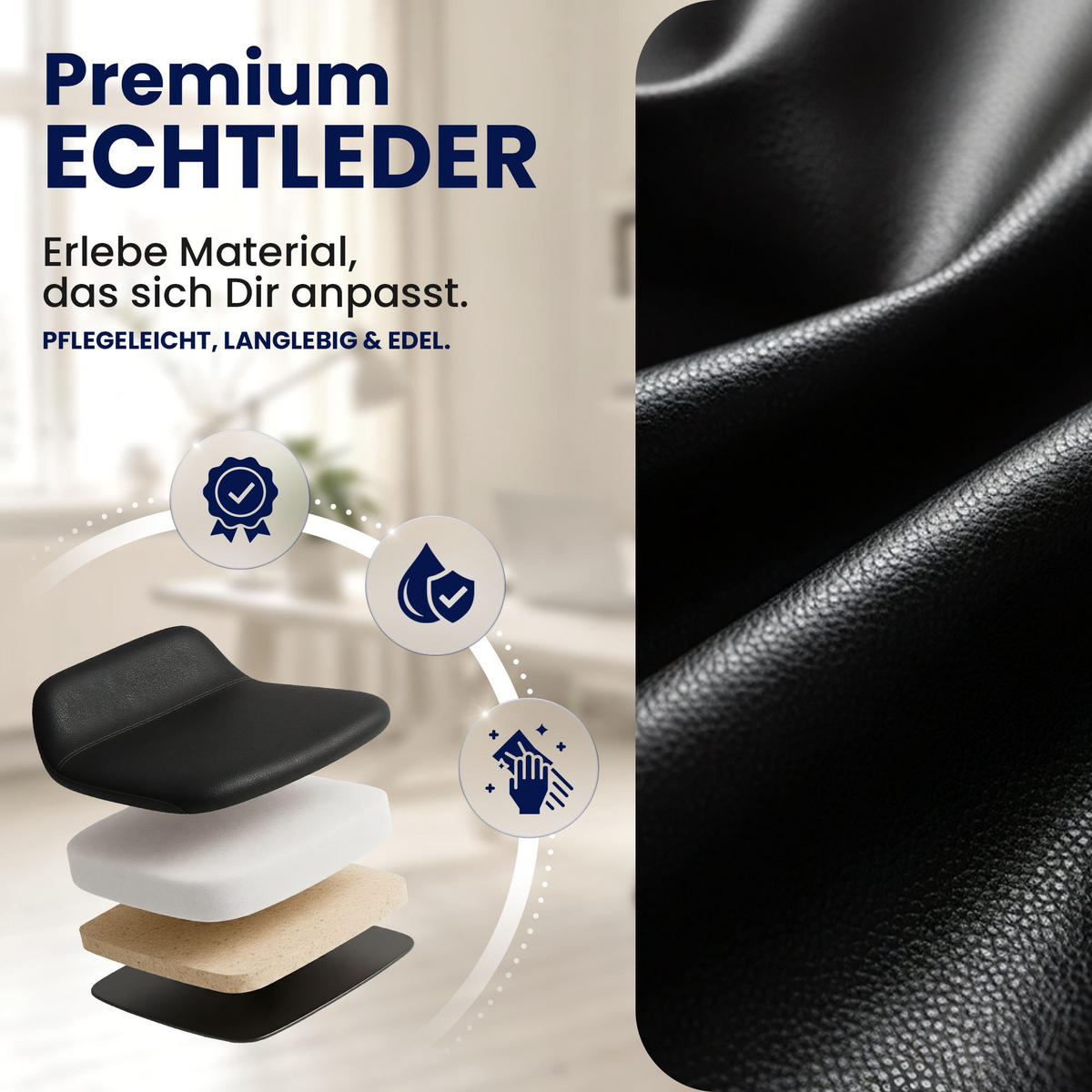 CHEFSESSEL Echtleder Schwarz - Chromfarben/Schwarz, Leder/Metall (78/114/66cm) - CLP