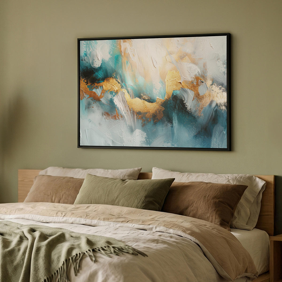 LEINWAND Bilder mit Rahmen - Abstrakt - Kunst - Gold - Blau - 100x70 - Petrol, Textil (100/70cm) - MuchoWow