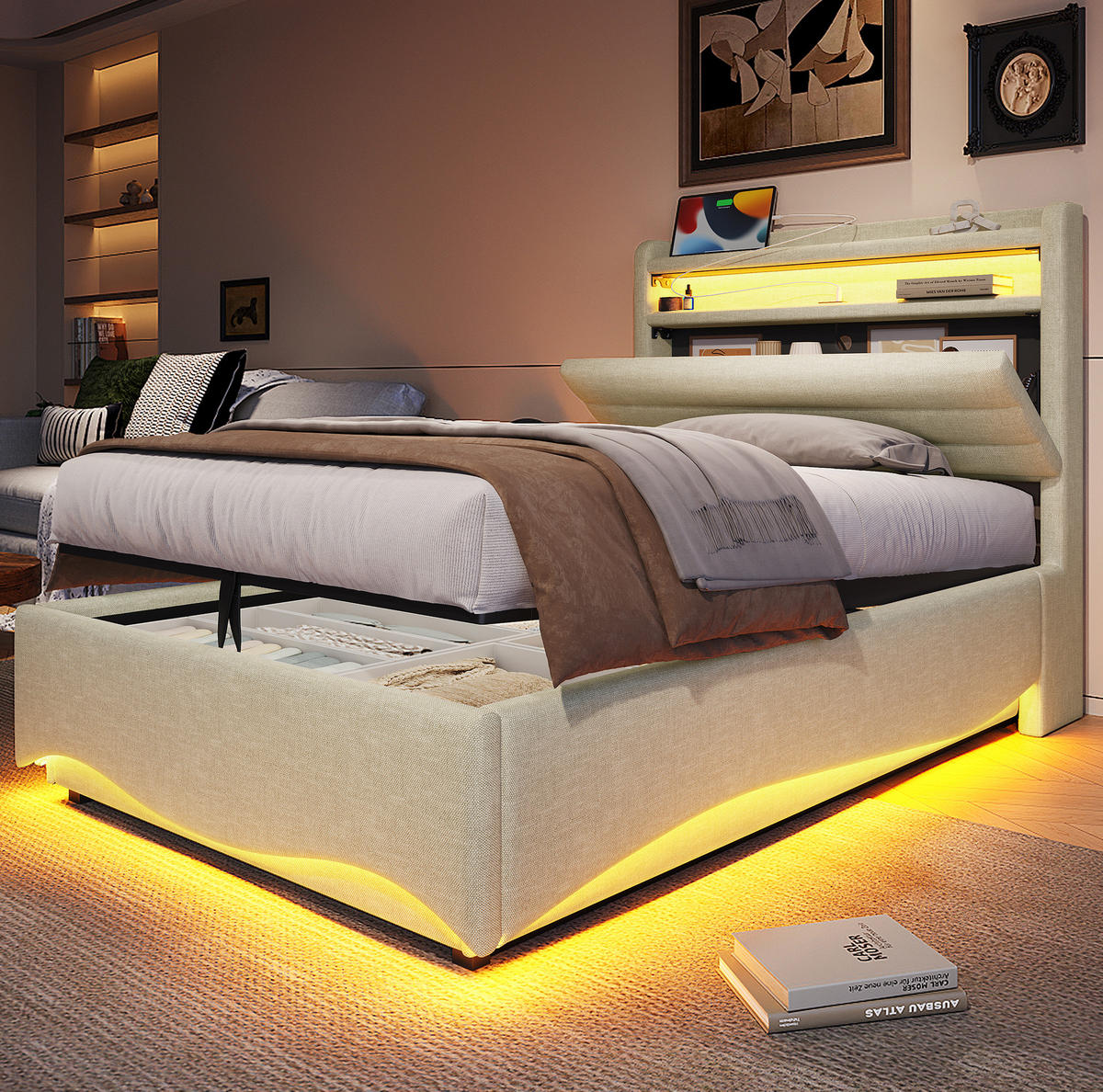 POLSTERBETT 90/200 cm mit LED-Beleuchtung, USB- und Typ-C-Anschluss, hydraulischem Bettkasten und Ablagefach, Beige - Beige, Textil (90/200cm) - Redom